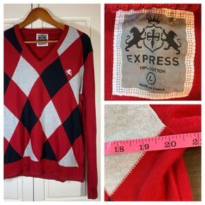 Express Sweater Men's Size Large‎ Argyle Preppy Logo Money School Country Club